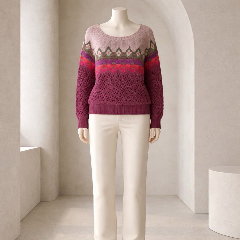 American Eagle Outfitters Sweater Purple Open Knit Fair Isle Pullover Women XL